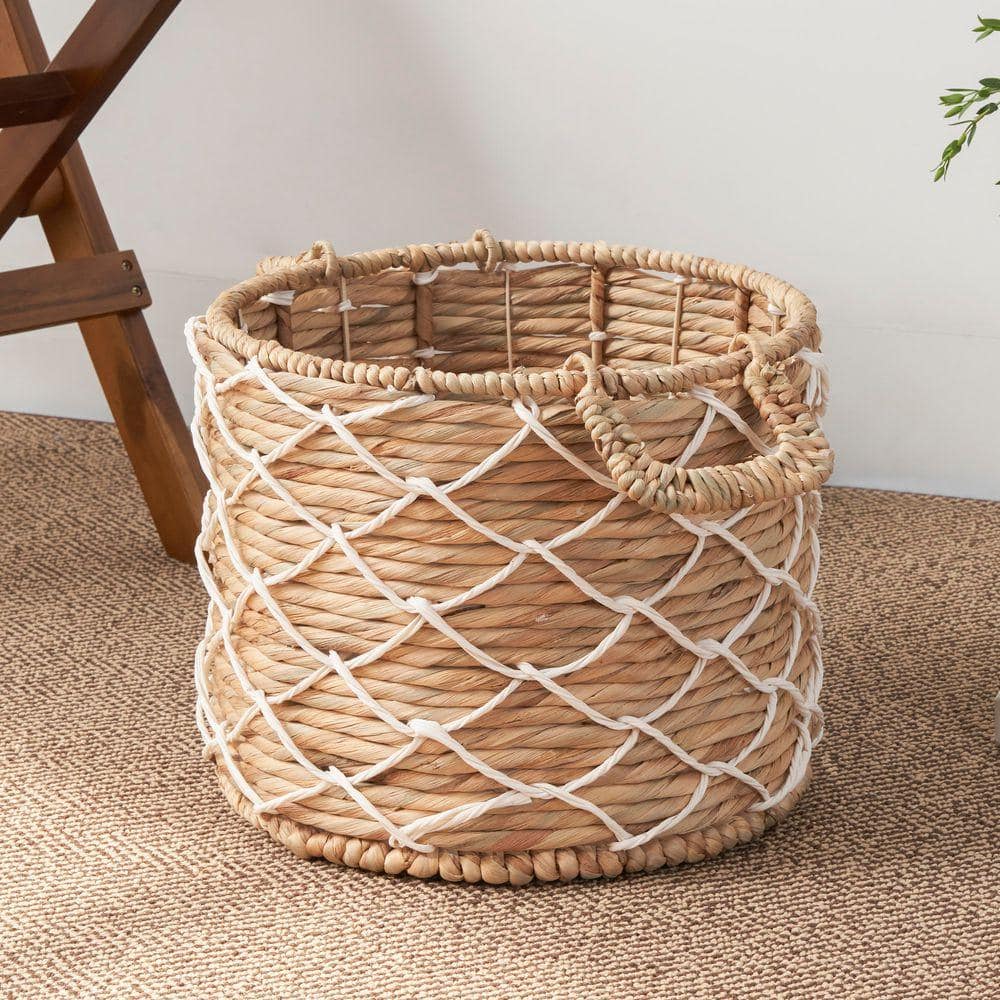 Brown 18 in. x 12.2 in. Round Wicker Basket with Handles-Woven