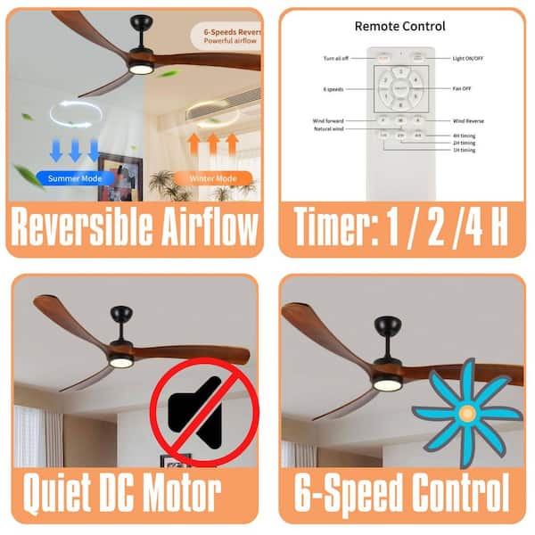 72 in. Downrod Mount Brown Wood Low Profile Ceiling Fan with Light, Noiseless Reversible DC Motor with Timer, Remote