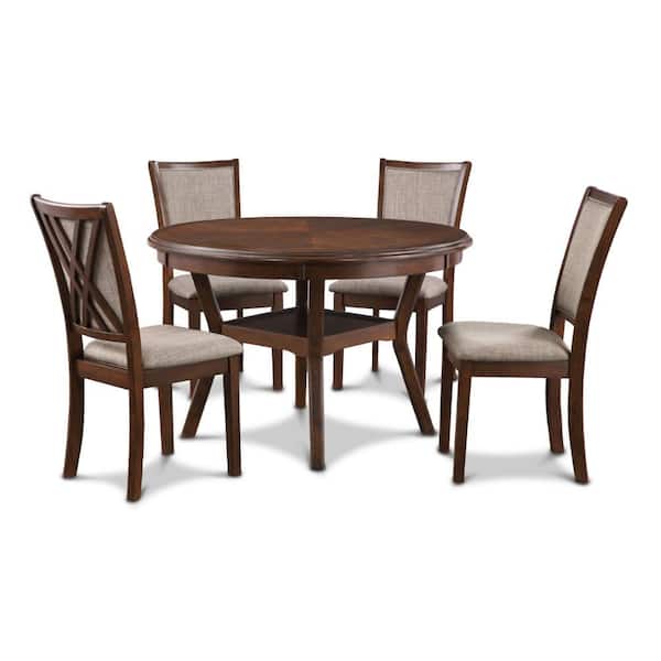 Benjara 5-Piece Round Brown and Gray Wood Top Dining Table and Chair Set (Seats 4)