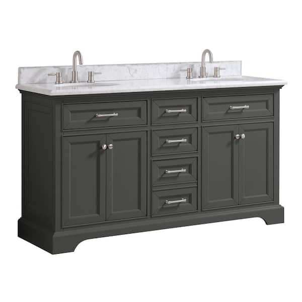 Home Decorators Collection Windlowe 61 In W X 22 D 35 H Bath Vanity Gray With Carrara Marble Top White Sink 15101 Vs61c Gr - Mobile Home Depot Bathroom Sinks