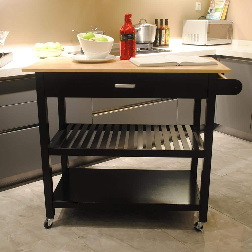 Black Rubber Wood Top Material 40  in.. W Kitchen Island with 2 Lockable Wheels, Kitchen Cart -  Polibi, RS-B31RT-B-PJ