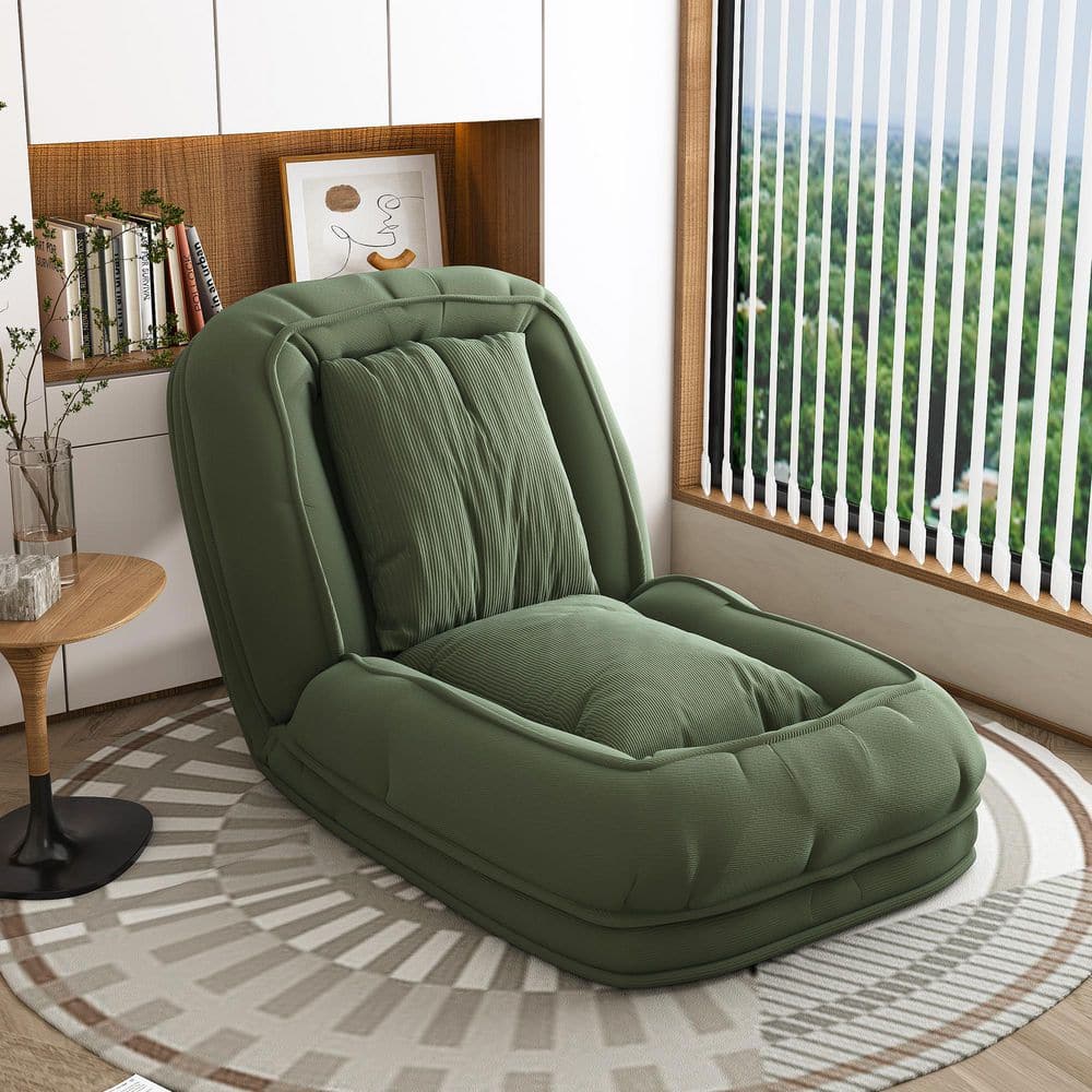 Green Adjustable Floor Chaise Lounge Chair with Metal Tilt Frame, Foldable Convertible Lounger, Corduroy Upholstered