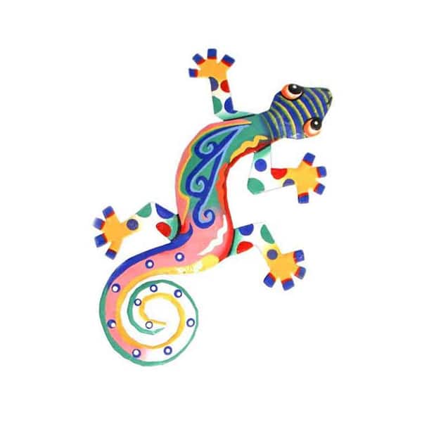 Unbranded Indoor/Outdoor 8 Painted Gecko Recycled Haitian Steel Wall Art Multicolored with Yellow Feet