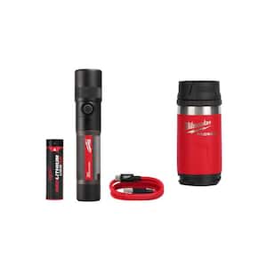 1100 Lumens LED USB Rechargeable Twist Focus Flashlight with PACKOUT Red 12 oz. Insulated Bottle with Sip Lid
