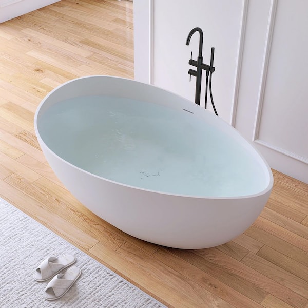 63 in. x 38.5 in. Wave Stone Resin Solid Surface Flatbottom Freestanding Soaking Bathtub in Matte White
