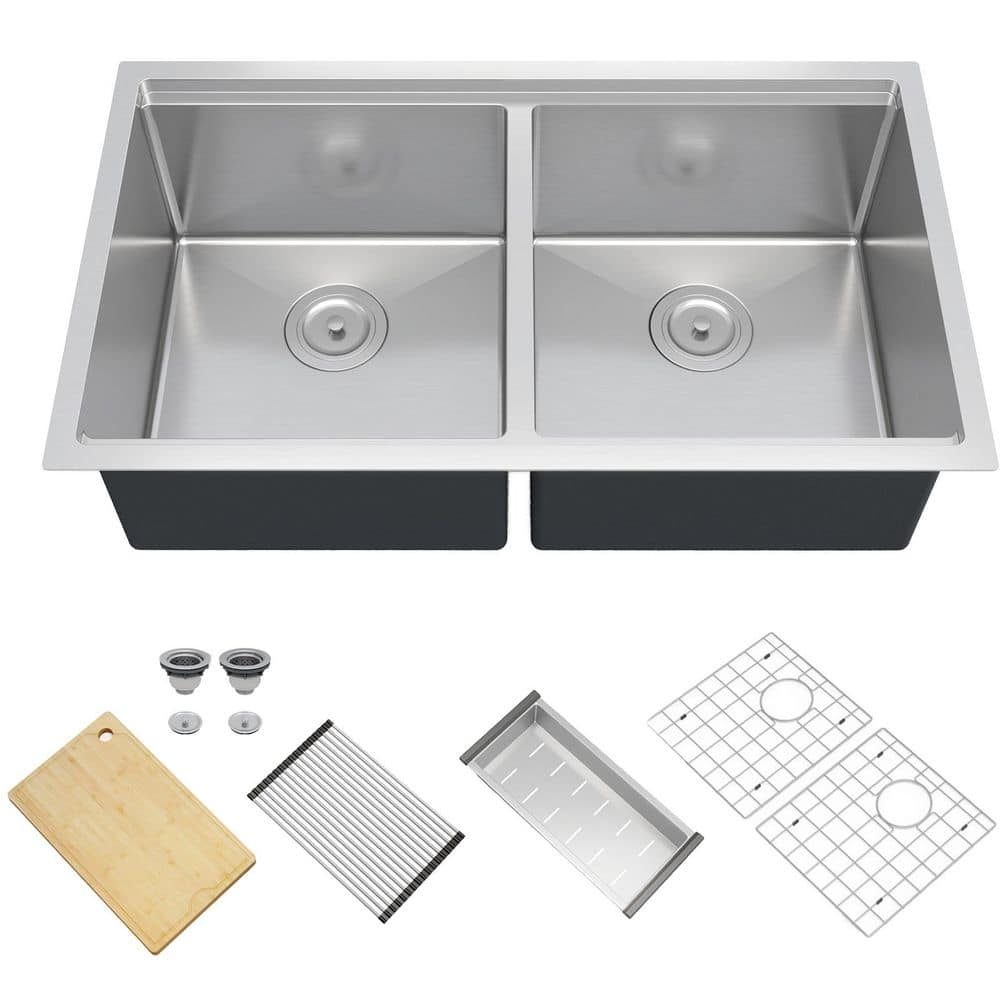 Kitchen Sink 304 Stainless Steel Drop-in Sinks 33 in. Undermount Double Bowls Basin with Ledge and Accessories