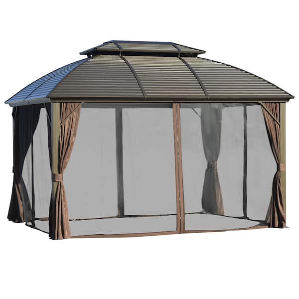 Zeus & Ruta 10 ft. x 12 ft. Hardtop Aluminum Gazebo in Brown with Galvanized Steel Double Roof with Curtains, Netting for Garden
