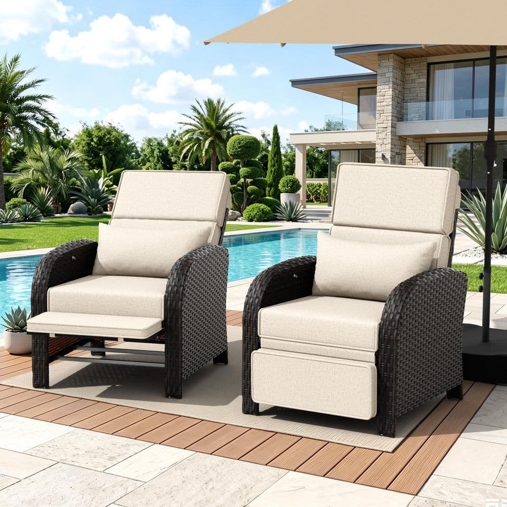 2-Piece Brown All-Weather Wicker Metal Frame Outdoor Recliner Chair with Beige Cushions price history on PriceWatchPro