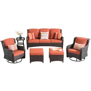 Maroon Lake Brown 6-Piece Wicker Patio Conversation Seating Sofa Set with Orange Red Cushions and Swivel Rocking Chairs