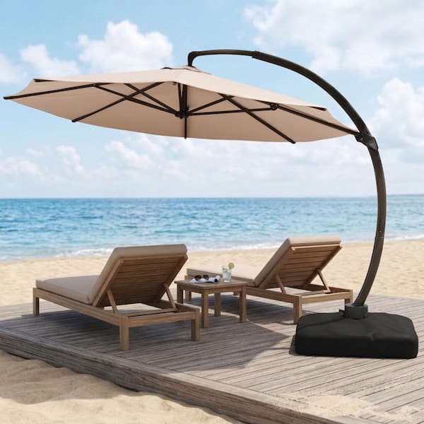 champagne patio umbrella LAZZO 11 ft. Cantilever Patio Umbrella with Base, Aluminum Offset 360° Rotation Outdoor Umbrella, Champagne