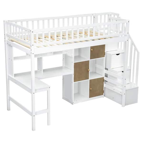 White Twin Loft Bunk Bed with Built-in Desk, LED Light, Storage Shelves and Staircase