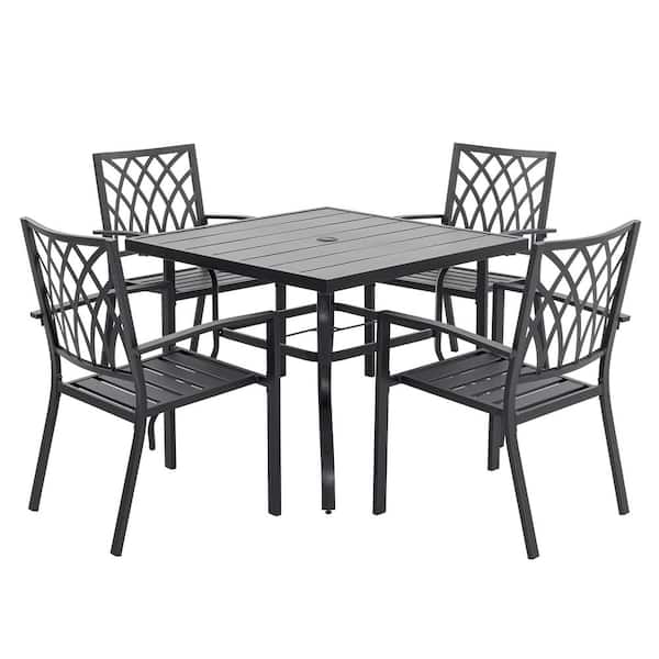 Black 5-Piece Iron Outdoor Dining Set, 4 Stackable Chairs and 37 in. Square Dining Table with Umbrella Hole