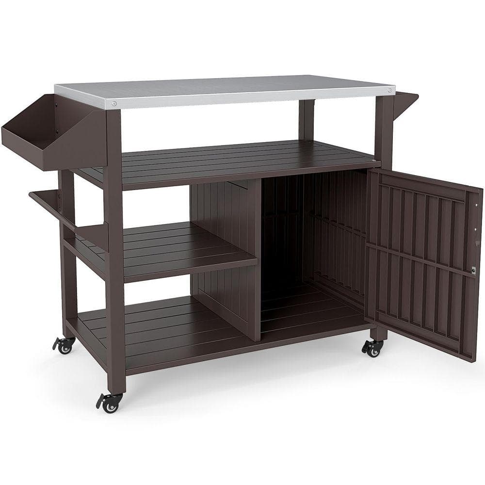 SKONYON Rolling Outdoor Grill Cart with Storage Cabinet Shelves