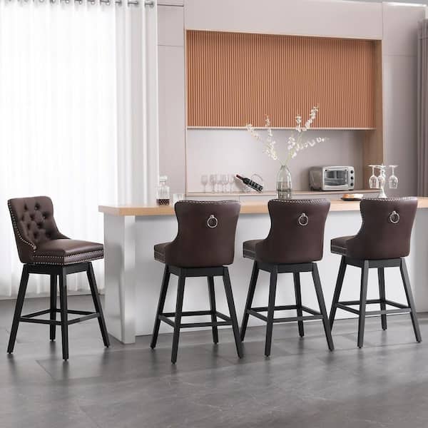 Hochwertiges 29 in. Brown Faux Leather Upholstered Solid Wood Frame Bar Height Swivel Bar Stool (Set of 4)
