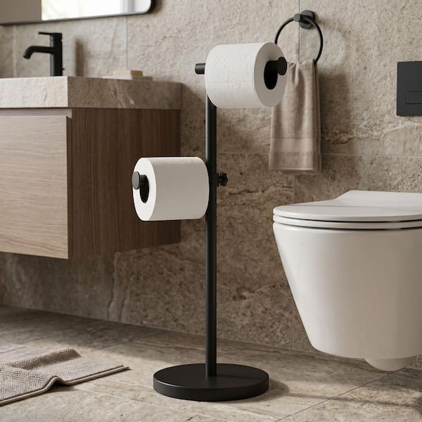 21 in. Freestanding Double Post Toilet Paper Holder in Matte Black