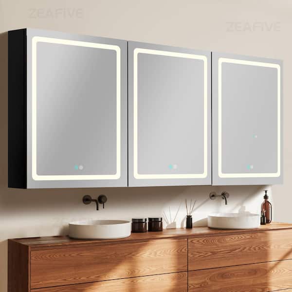 Zeafive 60 in. W x 30 in. H Rectangular Black Aluminum Surface Mount Defogging Bathroom Medicine Cabinet with Mirror and Lights