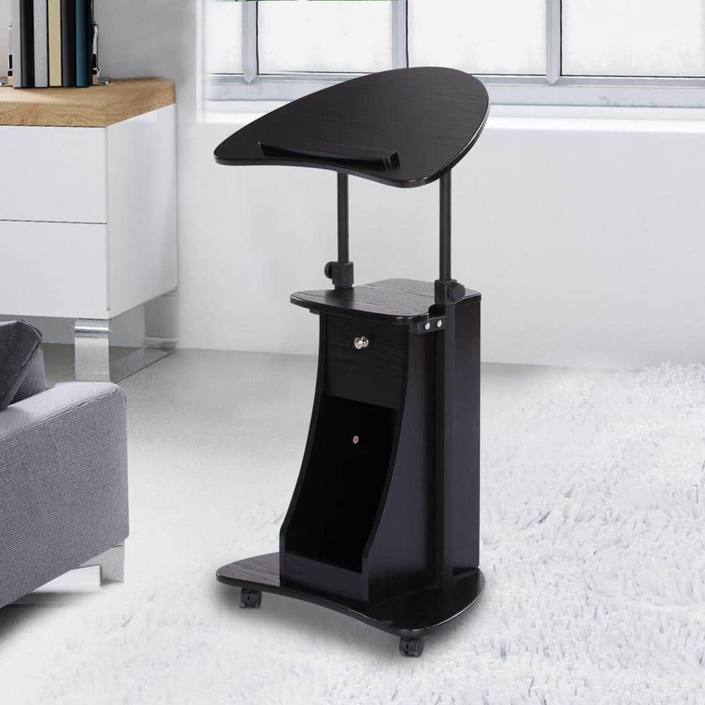 Black Adjustable Height Mobile Laptop Cart with Drawer