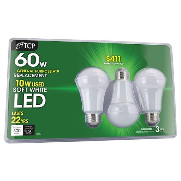 TCP - 60W Equivalent Soft White (2700K) A19 Non-Dimmable LED Light Bulb (3-Pack)