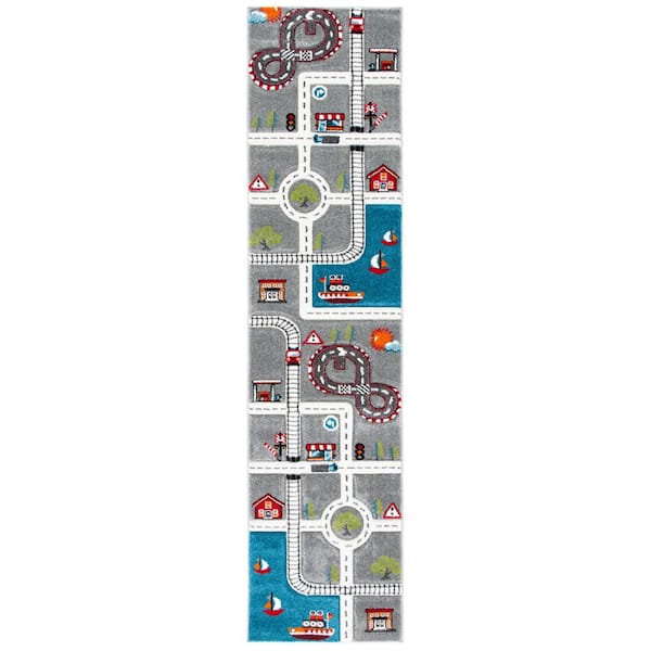 Carousel Kids 2 ft. x 14 ft. Gray/Ivory Geometric Runner Rug