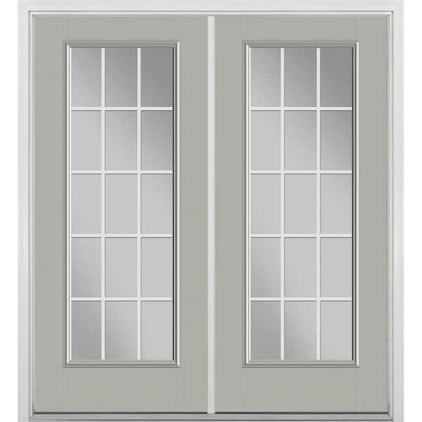 Masonite 72 in. x 80 in. Silver Cloud Fiberglass Prehung Left Hand Inswing GBG 15-Lite Clear Glass Patio Door with Brickmold