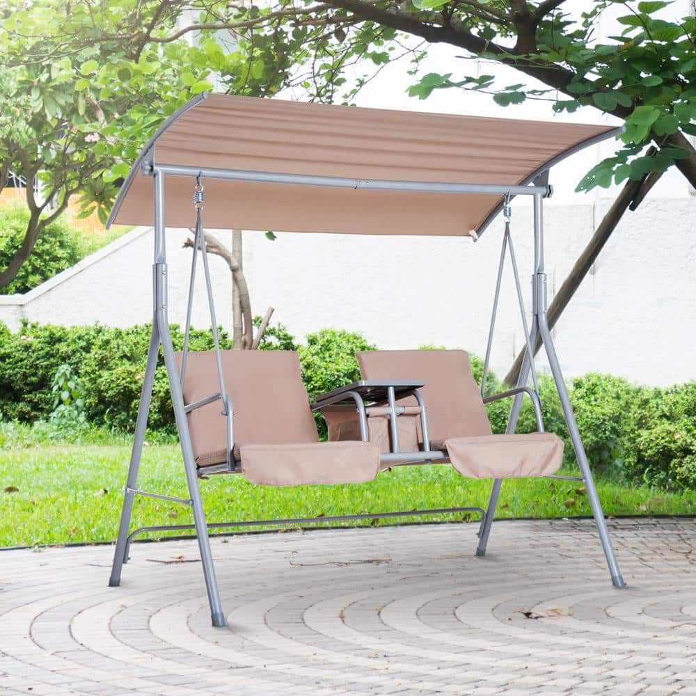 Beige Metal 2-Person Outdoor Swing with Canopy and Storage