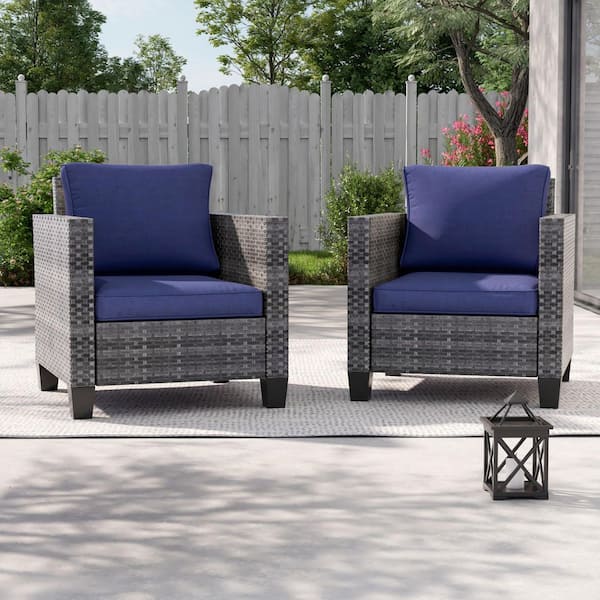 2-Pack Gray Wicker Patio Outdoor Single Sofa with Navy Blue Cushion