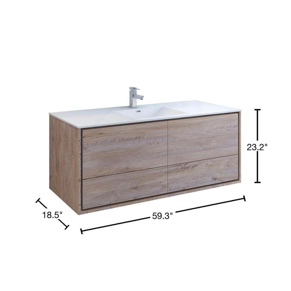 Transitional Wall-Mounted 59'' Solid Wood Off-White Vanity with Acrylic Top