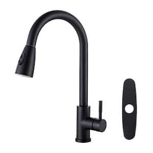 Single Handle High Arc kitchen Faucet with Pull Down Sprayer and Deckplate in Black