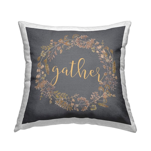 Gather Calligraphy Seasonal Botanical Wreath Grey Square Outdoor Throw Pillow
