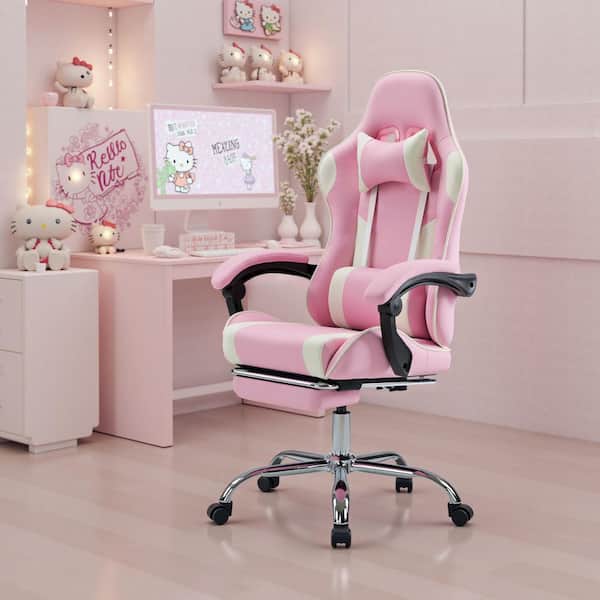 Ergonomic Faux Leather High Back Reclining Gaming Chair with Footrest for Adults in Pink White with Linkage Armrests