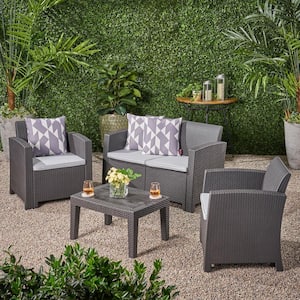 4-Piece Black Wicker Outdoor Patio Sectional Sofa Conversation Set with Light Grey Cushions and 1 Side Table
