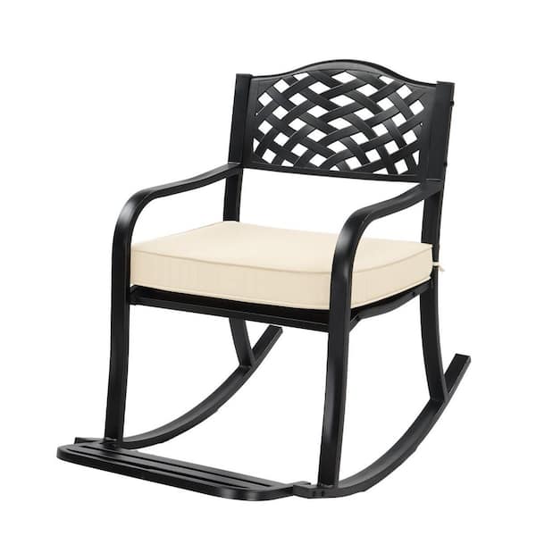Karl home Black Metal Outdoor Rocking Chair with Beige Cushion ...