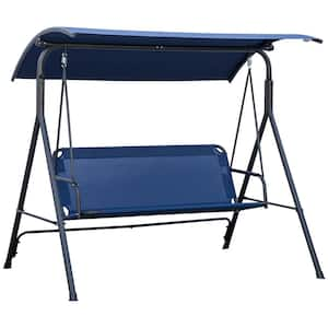 3-Person Dark Blue Metal Steel Patio Swing Bench with Stand, Adjustable Canopy, Armrests for Garden, Patio, Poolside