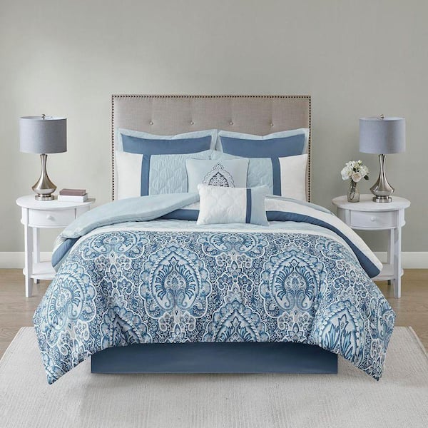 8 Piece Cal King Blue Transitional 100% Polyester Comforter Set in Pieced, Quilted and Damask Print Detailing
