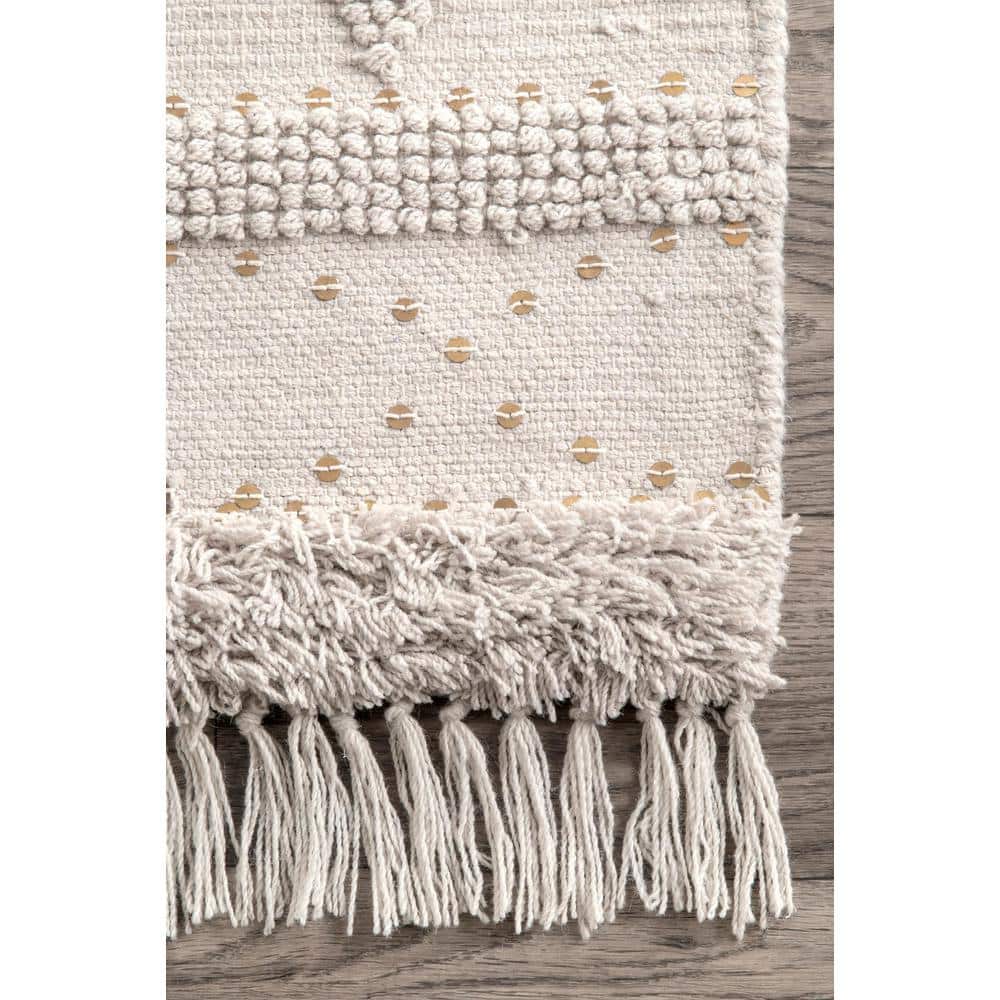 Ivory Hand-Tufted Wool Square Area Rug with Fringe