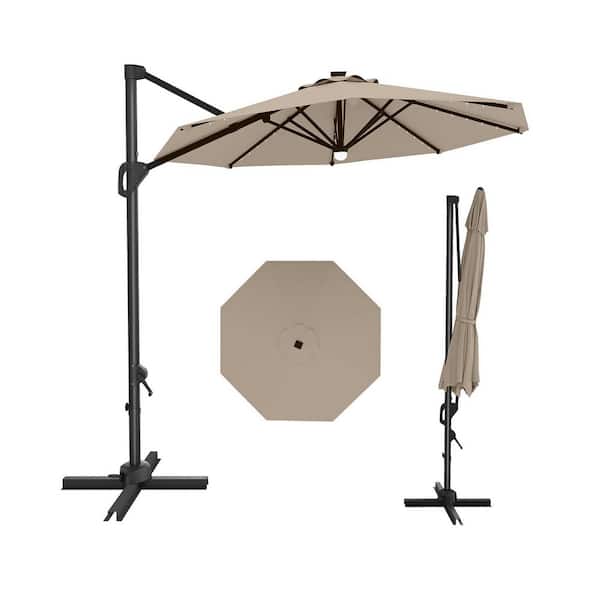 Garvee 10 ft. Outdoor Solar LED Lighted Cantilever Offset Patio Umbrella with Crank & Cross Base in Tan