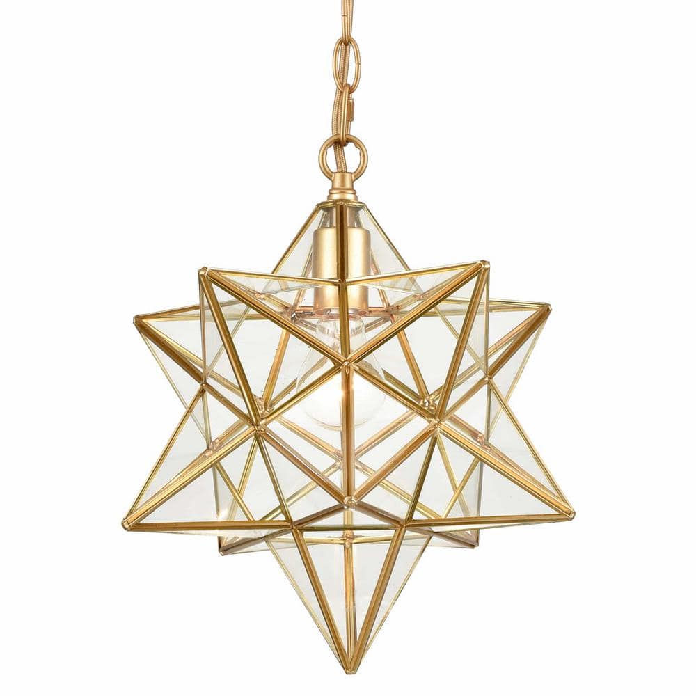 Geometric Brass Star Pendant Light with Clear Glass Shade