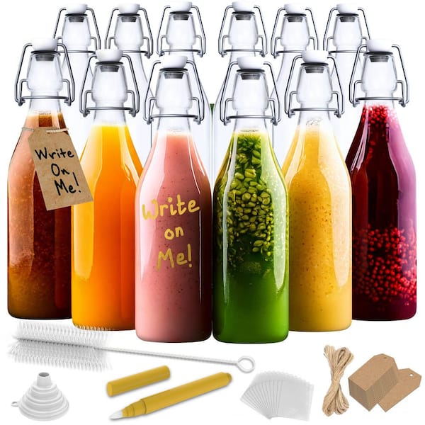 12-Pack 17 oz. Round Glass Bottles with Swing Top Stoppers, Bottle Brush, Funnel, and Gold Glass Marker