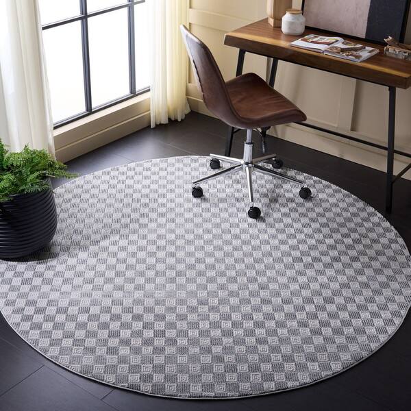 Slate 7 ft. x 7 ft. Gray/Ivory Black Check Round Rug