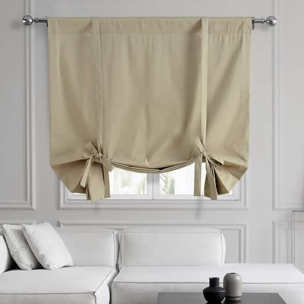 Exclusive Fabrics & Furnishings Sandstone Beige Solid Cotton 46 in. W x 63 in. L Room Darkening Rod Pocket Tie-Up Window Shade (1 Panel)