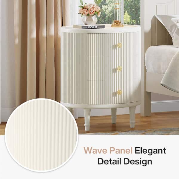 Fenley White 3 Drawers 19.69 in. W Nightstand Oval Bed Side Table with Storage, Gold Handles and Sturdy Legs for Bedroom