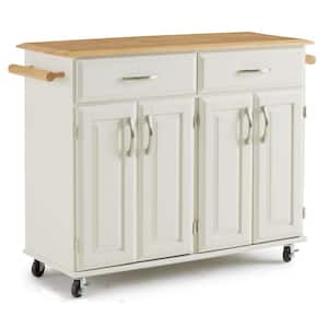 Dolly Madison Off-White Kitchen Cart with Natural Wood Top