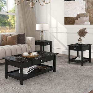 Dingo 3-Piece 41.75 in. Black Rectangle Faux Marble Coffee Table Set with Drawers and Shelves