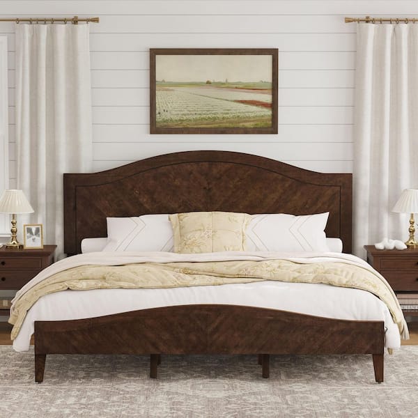 Mid-Century Walnut Brown Solid Wood Frame King Platform Bed Frame with Elegant Curved Headboard Wooden Slat Support