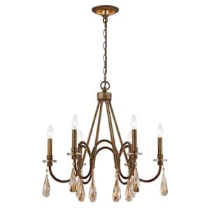 6-Light Bronze Chandelier with Oversized Crystal Drops
