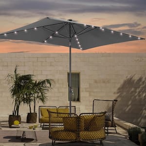 6 ft. x 9 ft. Rectangular Market Umbrella Solar LED with Tilt Function Patio Market Umbrella in Gray