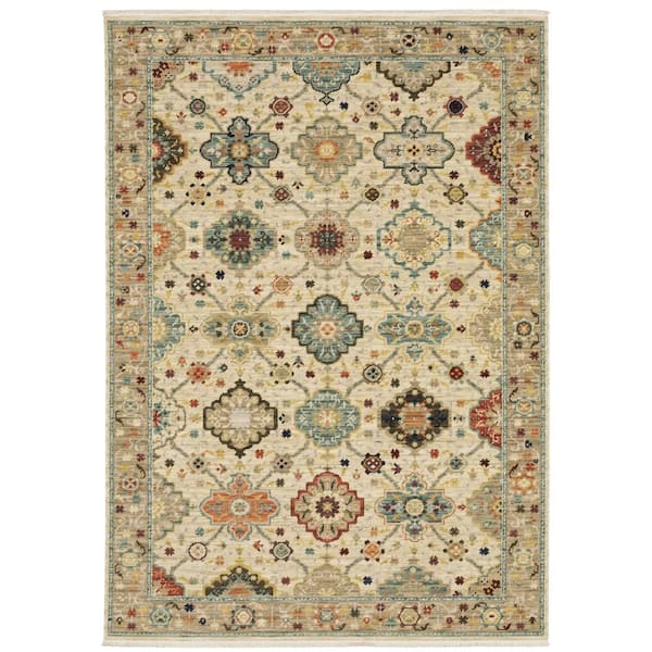 AVERLEY HOME Lillian Beige/Multi-Colored 10 ft. x 13 ft. Oriental Floral Wool/Nylon Blend Fringed-Edge Indoor Area Rug