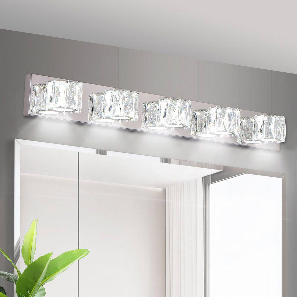 34.6 in. 5-Light Modern Chrome Vanity Light with Crystal Glass Shades and Built-in LED Lighting for Bedroom or Hallway price history on PriceWatchPro