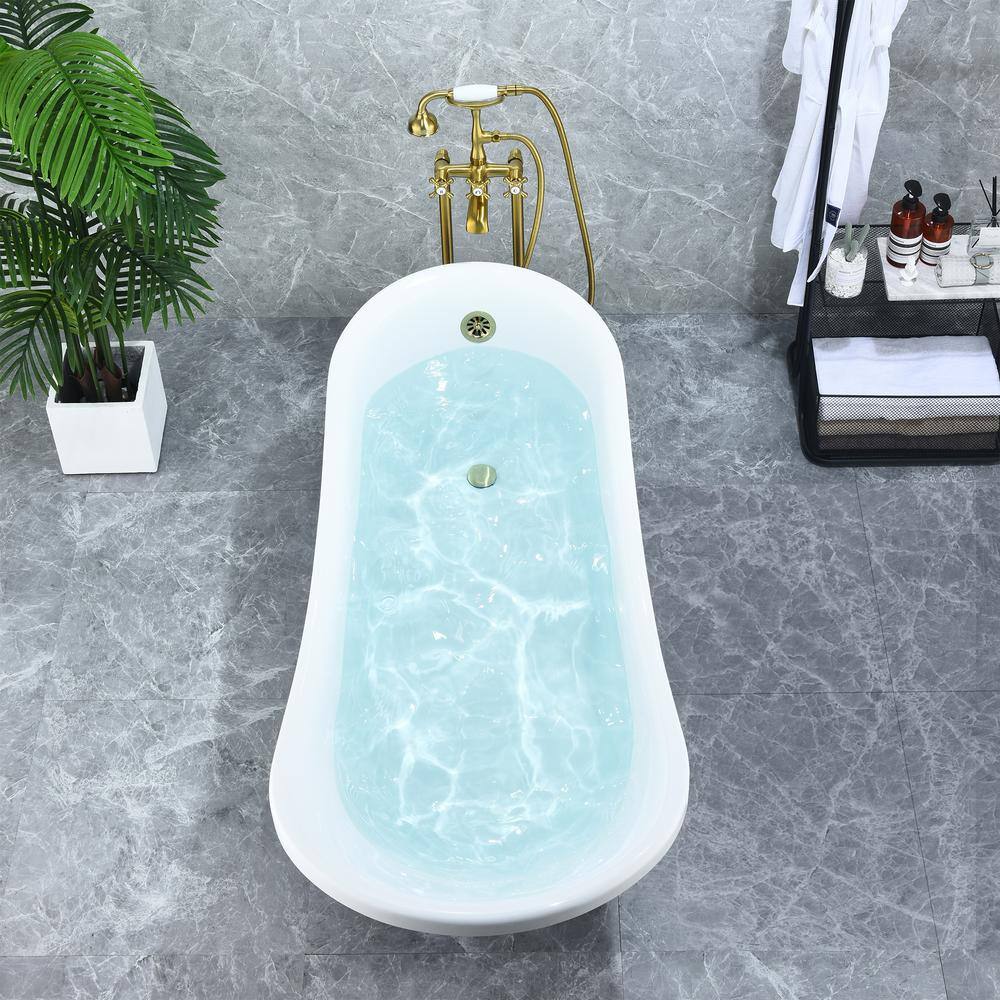 Fandi 64" White Acrylic Clawfoot Soaking Bathtub with Brass Feet