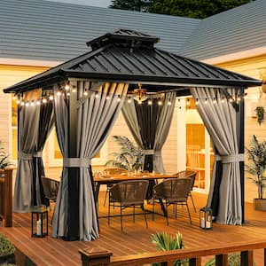 10 ft. x 10 ft. Outdoor Metal Hardtop Gazebo with Aluminum Frame, Double Roof, Netting and Curtain for Patio Backyard